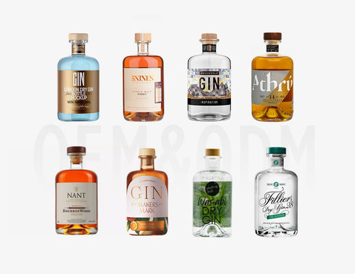 Jugo Logotipo personalizado Botella de whisky de vidrio con corcho en caja de regalo superficie grabada