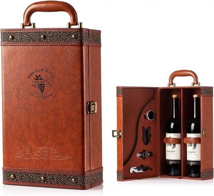 Otros objetos de artesanía de regalo almacenamiento de cuero caja de vino y manijas botella única caja de regalo reutilizable cocodrilo grano PU cuero doble botella 750ml caja de vino tinto