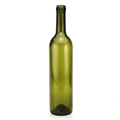 Botella de vidrio de 750 ml de color primordial para bebidas espirituosas de vino tinto de forma redonda de color verde con tapa de corcho