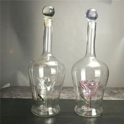 Botellas de vino de vidrio soplado hechas a mano con forma única de flor de rosa decorada