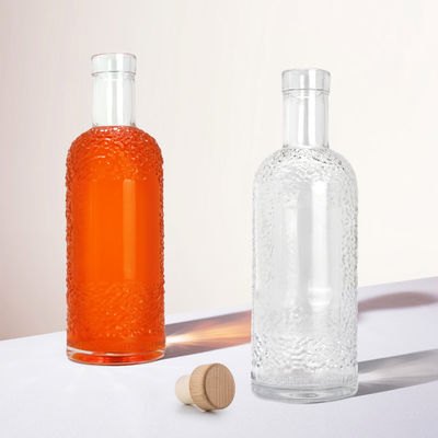 Botella de vidrio para bebidas con superficie de manipulación de la superficie de grabación ácida de 750 ml de capacidad y transparente